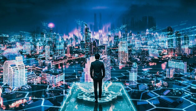 business man with metaverse network city technology background