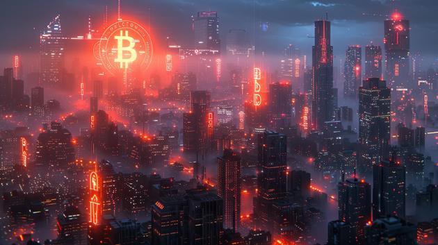 City skyline with a large Bitcoin logo