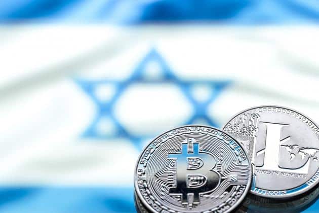 Coins of Bitcoin and Litecoin against background of the Israeli flag