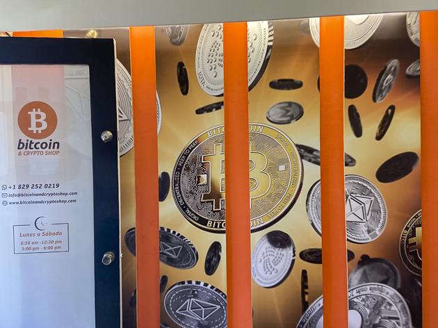 Promotional display for a brick-and-mortar Bitcoin and cryptocurrency shop