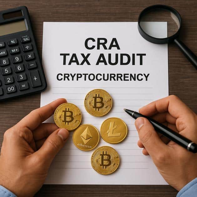 Crypto coins on a piece of paper that has title CRA TAX AUDIT