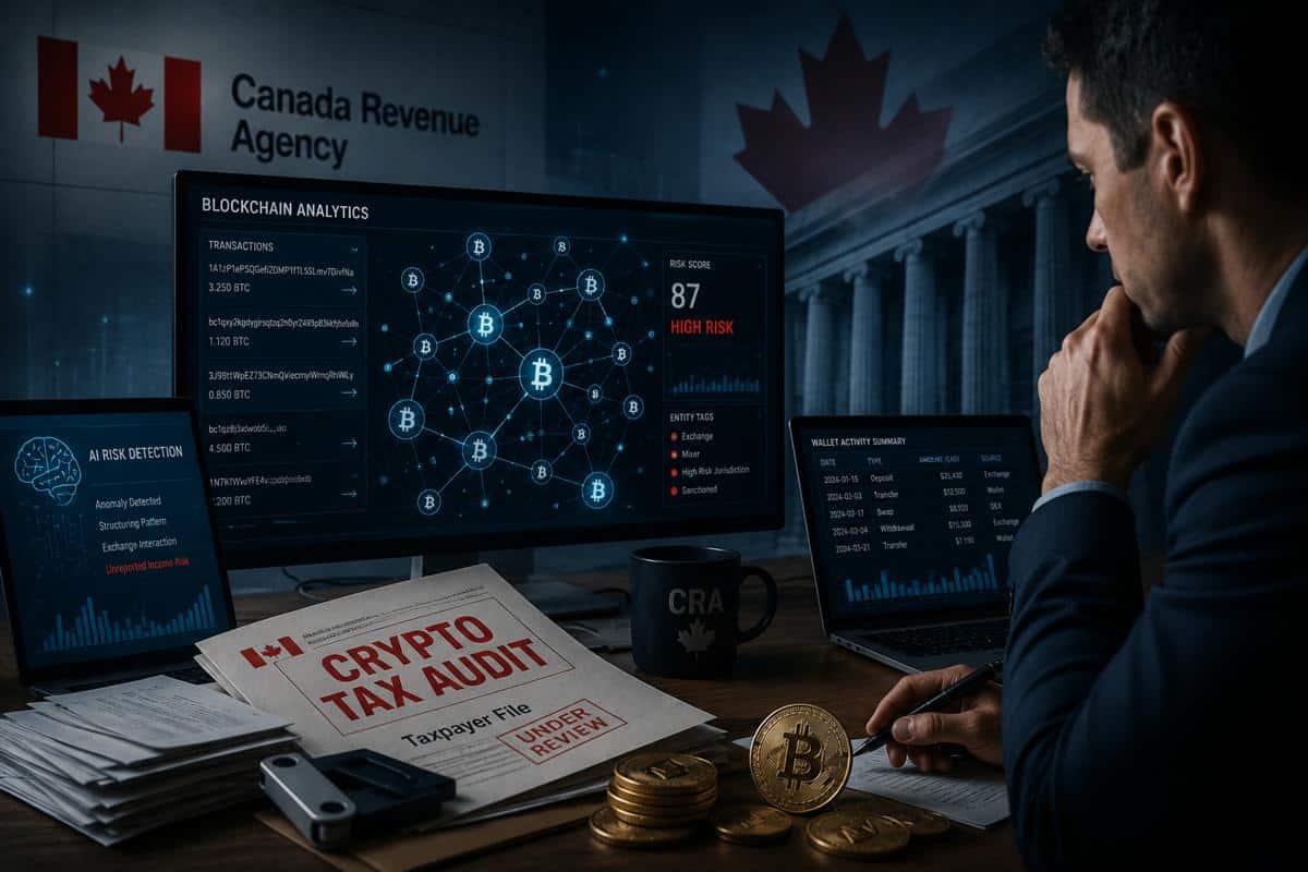 A person reviews financial documents at a desk while multiple computer screens display blockchain transaction networks, cryptocurrency wallet activity, and data analytics dashboards. Digital cryptocurrency symbols and interconnected blockchain nodes appear across the monitors, illustrating how advanced technology can be used to trace crypto transactions. The image conveys the concept of cryptocurrency tax enforcement, blockchain analytics, and regulatory scrutiny in Canada.