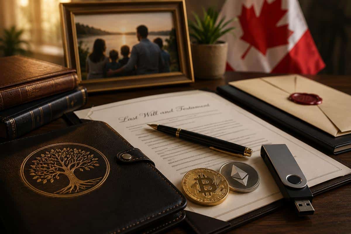 A desk displaying estate planning documents, a pen, a cryptocurrency hardware wallet, Bitcoin and Ethereum coins, a family photograph, and a Canadian flag in the background.