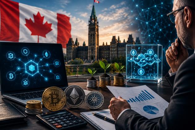 A Canadian tax professional reviews financial reports at a desk overlooking Parliament Hill in Ottawa. A laptop displays a decentralized finance (DeFi) network, while cryptocurrency coins, including Bitcoin and Ethereum, sit beside investment charts, growing plants on stacks of coins, and digital liquidity-pool graphics. A Canadian flag in the background reinforces the focus on crypto taxation, DeFi investing, yield farming, and liquidity strategies in Canada.