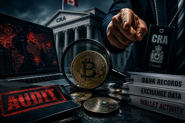 Dramatic illustration of a cryptocurrency audit, featuring a Bitcoin under a magnifying glass, stacks of financial records, audit documents, and a government investigator pointing toward the viewer. A digital tracking map and government building in the background symbolize aggressive cryptocurrency enforcement and regulatory scrutiny in Canada.
